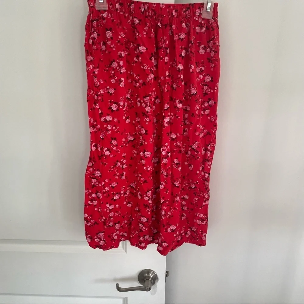 Old Navy Floral Rayon Midi Skirt Pockets Red Pink Size SP
